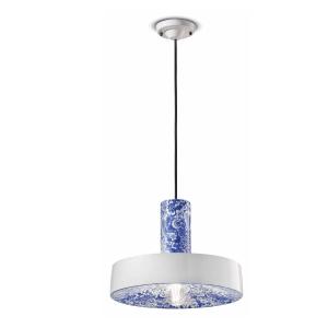 Ferroluce PI hanging lamp, floral pattern Ø 35 cm blue/whit…