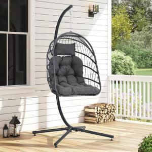 Black Rattan Patio Swing Chairs with Stand and Cushion