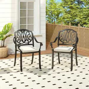 Set of 2 Outdoor Cast Aluminum Dining Chairs with Cushions