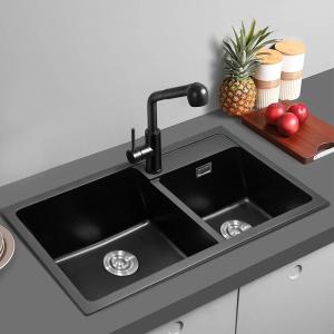 86cm Width Undermount Double Bowl Quartz Kitchen Sink Black
