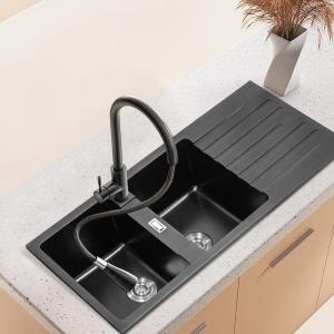 45 inch Black Quartz Kitchen Drop-In Sink Double Bowl with…
