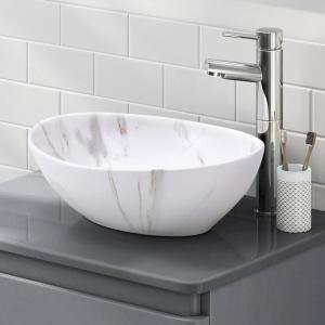 41.5cm W x 13.5cm D White Oval Marble Vessel Bathroom Sink