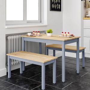 Modern Solid Wood Dining Table Set with 2 Benches