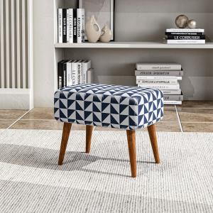 Linen Oval Stool Ottoman Footstool with Wooden Legs