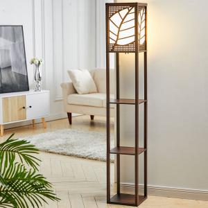 Modern Floor Lamp with Linen Shade Wood Leaf Patterned 3 La…
