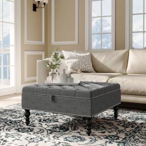 Square Linen Tufted Upholstered Ottoman with Storage