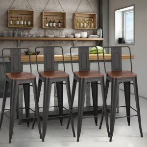 Set of 2/4 Metal Wooden High Bar Stools for Kitchen