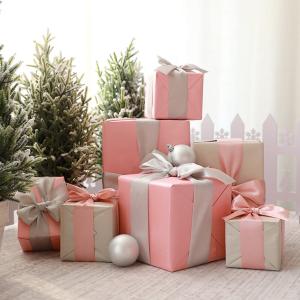 7-Piece Paper Ribbon Christmas Gift Box Set in Beige Pink