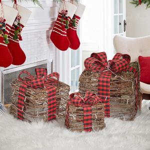Pre-Lit Woven Christmas Gift Box Set with Checked Bows