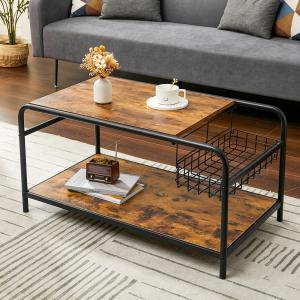 90cm W Industrial Wooden Coffee Table with Wire Basket Stor…