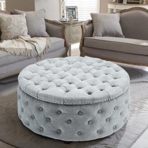 Dia 75cm Linen Tufted Round Cocktail Ottoman with Solid Wood
