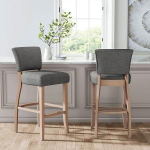 Set of 2 Linen Upholstered Bar Stool with Natural Wood Legs