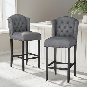 Set of 2 Linen Thick Padded Bar Stools Wooden Dining Stools