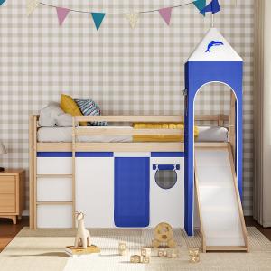 7ft Pine Wood Castle Loft Bed Children Low Bed Frame with S…