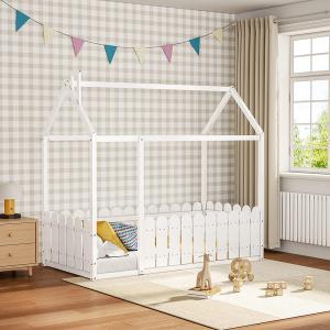Solid Wooden House Bed Frame Low Toddler Bed with Fence and…