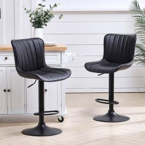 Set of 2 Bar Stools with Black Leather Swivel Adjustable He…
