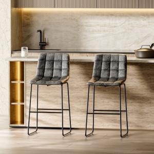 2Pcs Grey Tufted Faux Leather Counter Height Barstool