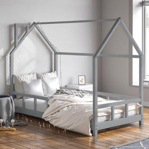 80X160CM Grey Wooden Single House Bed for Kids